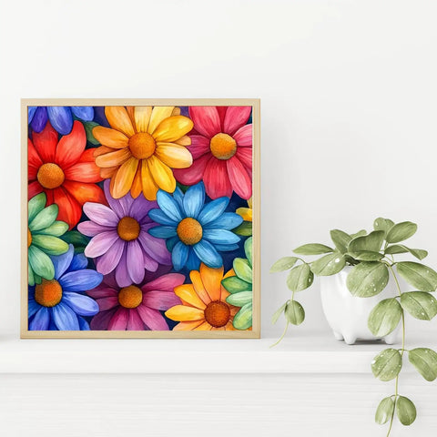 5D Diamond Painting Kit For Adults Beginner Friendly Full Drill Round Diamond Art, colorful flower design in frame on shelf.