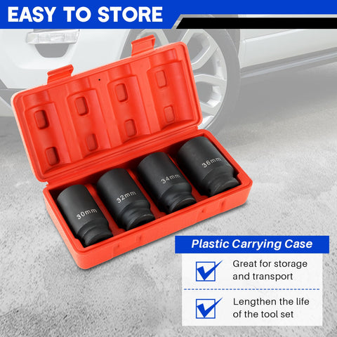 Beefy Half Inch Drive Deep Impact Socket Set Four-Piece 12 Point Metric Axle Nut Sockets 30mm-36mm in red case front view