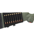 Buttstock Ammo Holder For Rifles Nine Shell Cartridges Pouch With Quick Access Durable Black Shooting Gear displayed on a rifle