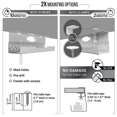 Installation options for No Drill Cable Management Tray For Desks White Metal Wire Organizer With screws or clamps