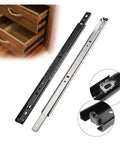 Slick Two Way Bearing Drawer Slides For Cabinet Hardware Boast Dang Smooth Glide Motion And Bulletproof Steel Construction Includes Set Of Two Matte Black 16 Inch Tracks with close-up detail of ball bearing design.