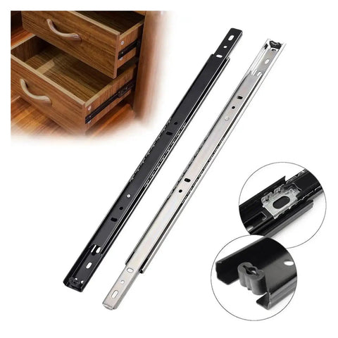 Slick Two Way Bearing Drawer Slides For Cabinet Hardware Boast Dang Smooth Glide Motion And Bulletproof Steel Construction Includes Set Of Two Matte Black 16 Inch Tracks with close-up detail of ball bearing design.