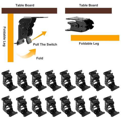 Heavy Hitter Locking Hinges 90 Degree Folding Table Leg Brackets kit showing foldable leg mechanism and sixteen brackets installation.