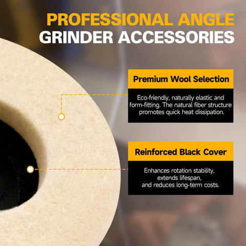 Close-up of Heavy Duty 3 Inch Wool Felt Polishing Pads For Angle Grinders showing premium wool and reinforced black cover details.