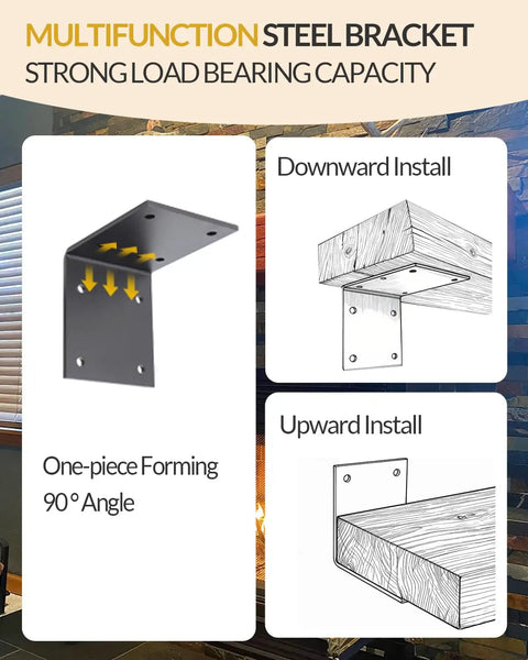 Multifunction steel L bracket showing downward and upward install options, 90-degree angle, suitable for heavy loads.