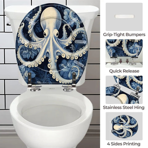 Toilet Seat Round Resin for Bathroom with octopus design, 14-15 inches width, quick release hinge features.