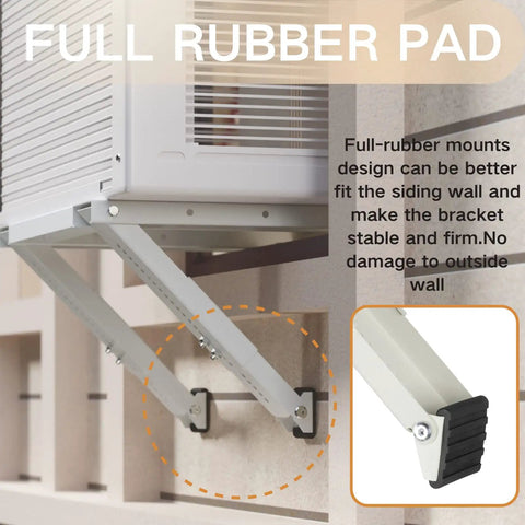 No Drill Window AC Bracket Easy Install Heavy Duty Steel Construction Holds Up To 220 Pounds Fits Most Double Hung Or Single Hung Windows For Secure Cooling, showing rubber pad detail for stability and wall protection.