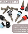 16 Pack Adjustable Variable Arc Pop Up Sprinkler Heads With Premium Replacement Nozzles For No Sweat Lawn Care And Yard Maintenance Featuring Straight Shot Accuracy And Top Shelf Performance For Quick Setup On Any Property - Package list showing various sprinkler head sizes.