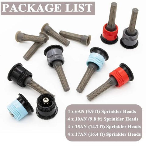 16 Pack Adjustable Variable Arc Pop Up Sprinkler Heads With Premium Replacement Nozzles For No Sweat Lawn Care And Yard Maintenance Featuring Straight Shot Accuracy And Top Shelf Performance For Quick Setup On Any Property - Package list showing various sprinkler head sizes.