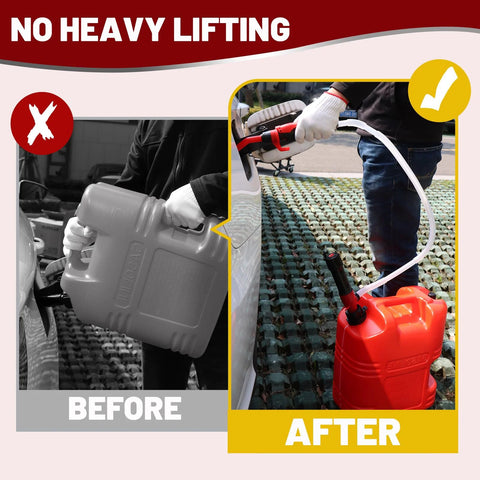 Side view of battery powered gas transfer pump with 3 ft hose and flow control nozzle transferring gas without heavy lifting.