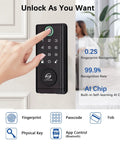 Top Notch Smart Door Lock With Keyless Entry Deadbolt Build, Slick Fingerprint Biometric Scanner in use with finger on keypad.