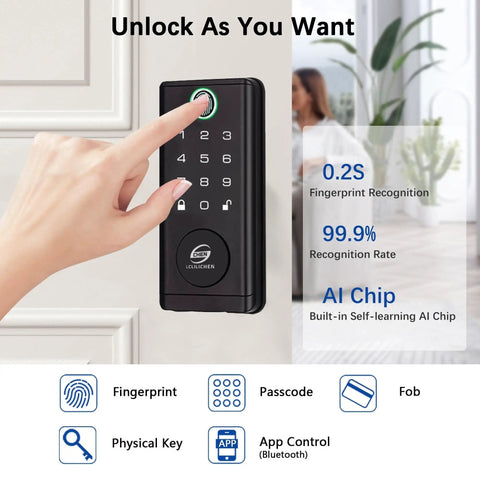 Top Notch Smart Door Lock With Keyless Entry Deadbolt Build, Slick Fingerprint Biometric Scanner in use with finger on keypad.