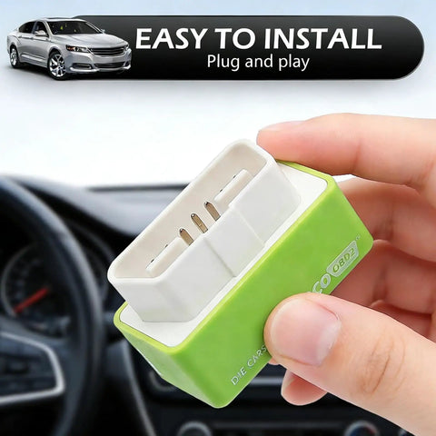 Plug And Play OBD2 Gas Saving Tuning Box For Cars Boost Power Up To 35 Percent And Torque 25 Percent While Slashing Gas Costs With Eco Energy Saver Universal Car Accessory held by hand