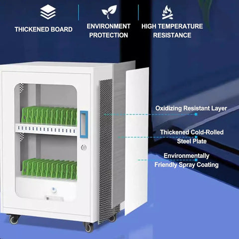 Detailed view of White 60 Slot Mobile Device Charging Cabinet With Secure Lockers For Tablets Laptops Phones showing internal storage and material features.
