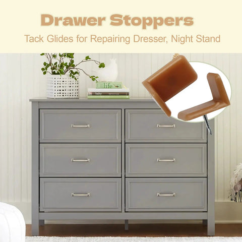 30 Pack L Shape Tack In Drawer Buffer Stops And Slide Stoppers With Anti Rust Nails shown alongside a dresser.