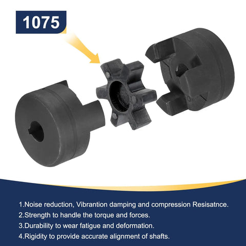 Heavy Duty Flexible L Jaw Coupling Set With Crush Proof Rubber Spider Insert For Smooth Shaft Alignment And Shock Absorption On Trucks And Shop Gear Built Like A Tank For The Daily Grind, showing rubber spider insert and steel halves.