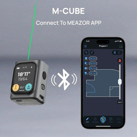 MCube Green Beam Laser Measuring Tool With 164 ft Range And High Visibility Real Green Beam For Indoor And Outdoor Jobs One Sixteenth Inch Accuracy LCD Display Bluetooth App Rechargeable Battery Compact Easy To Use, paired with phone app