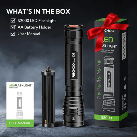 S2000 LED Flashlight Ultra Bright Mid Size Tactical Torch With Zoom 3 Modes Water Resistant set with box and manual