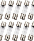 10 Pack F5AL Fast Blow Glass Fuses 5A 125V 5x20mm clear tubes shown in arranged pattern