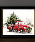 Watercolor Red Pickup Truck Wall Art Featuring a Christmas Tree in Tow for Cozy Farmhouse Holiday Decor Vibes, Unframed 11x14 Inch Print