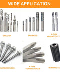 Variety of metal cutting tools including drill bits, end mills, and hobbing cutter for use with Beefy 220V Universal Tool Grinder.