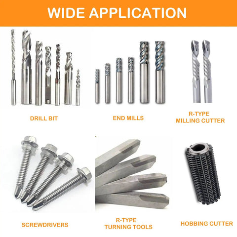 Variety of metal cutting tools including drill bits, end mills, and hobbing cutter for use with Beefy 220V Universal Tool Grinder.