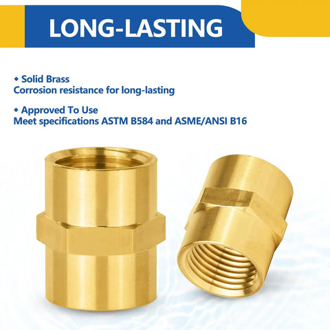 Ten Pack Brass Pipe Fittings Coupling One Half Inch NPT Female To One Half Inch NPT Female with corrosion resistant brass.