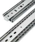 Close-up of Beefy Heavy Duty Drawer Slides With Lock, 3 Fold Full Extension Ball Bearing Rails, stainless steel, 650mm length