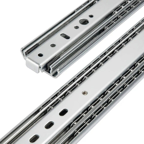 Close-up of Beefy Heavy Duty Drawer Slides With Lock, 3 Fold Full Extension Ball Bearing Rails, stainless steel, 650mm length