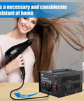 Woman using hairdryer with Beast 1000 Watt Step Up And Step Down Voltage Converter With Dual Output And Dual Circuit Breakers