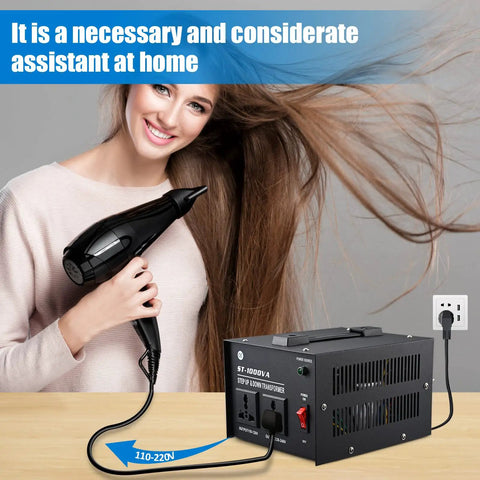 Woman using hairdryer with Beast 1000 Watt Step Up And Step Down Voltage Converter With Dual Output And Dual Circuit Breakers