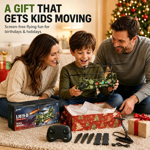 Family playing with Chinook Style RC Helicopter LM19-D 1:100 Scale with Altitude Hold beside gift box and remote control.