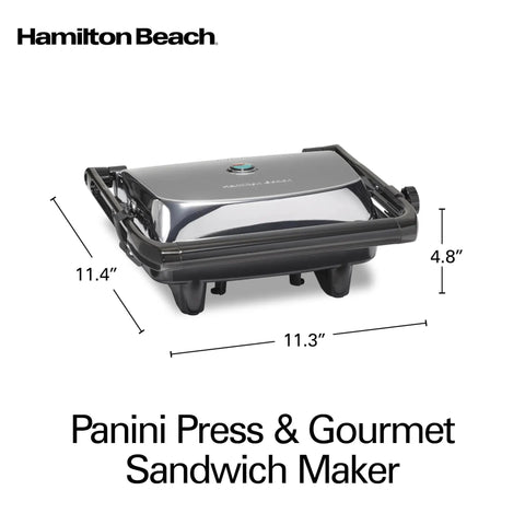 Hamilton Beach Panini Press And Sandwich Maker With Electric Indoor Grill Nonstick Plates, 11.4x11.3x4.8 inches, for quick meals.