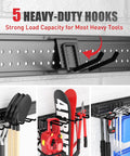 Garage Tool Organizer Wall Mount 48 Inch With 10 Adjustable Heavy Duty Hooks Holds Up To 400 Lbs Durable Tool Storage Rack showing tools hanging