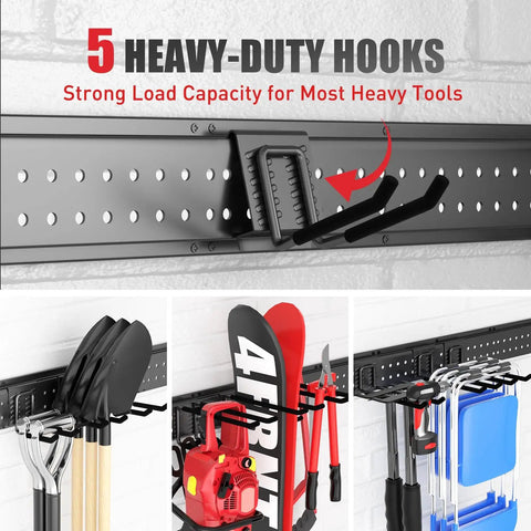 Garage Tool Organizer Wall Mount 48 Inch With 10 Adjustable Heavy Duty Hooks Holds Up To 400 Lbs Durable Tool Storage Rack showing tools hanging