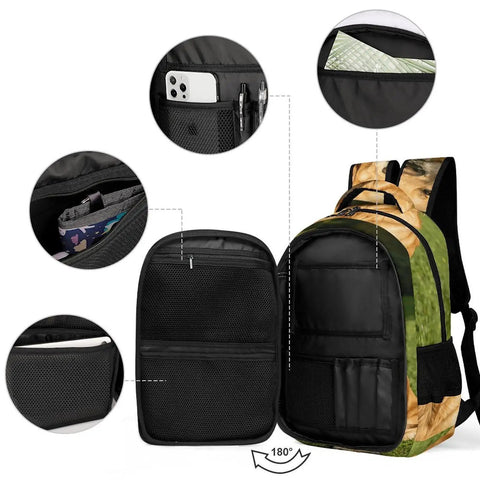 Grass Retriever Printed Backpack showing open compartments and interior pockets, durable polyester, large capacity daypack.