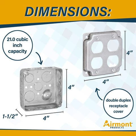 All In One 4x4 Metal Outlet Box Kit With Two Tamper Resistant 20 Amp Duplex Receptacles, 4x4 Cover, 21 cubic inch capacity