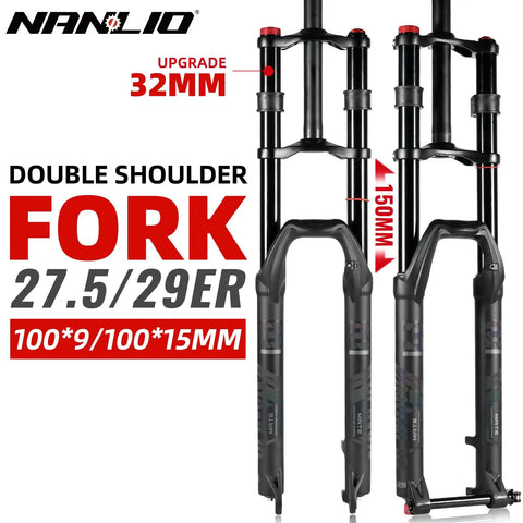 Beefy Dual Crown MTB Air Fork For Downhill And Trail Riding 150mm Travel Fits 27.5 Or 29 Inch Wheels 32mm Stanchions