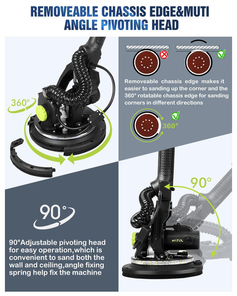 Powerful 7.2 Amp Drywall Sander With Vacuum Dust Collection LED Light 6 Speed Digital Display showing 360° pivoting head