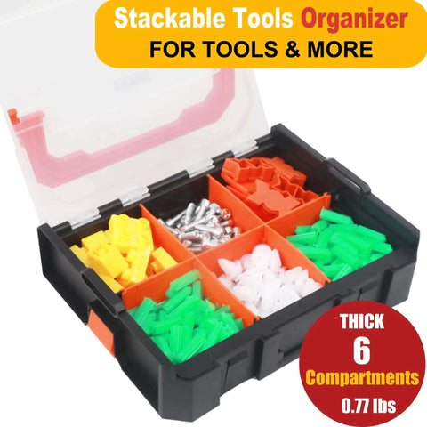 Six Compartment Small Parts Organizer With Stackable Design And Removable Dividers For Hardware, Includes Two Pieces, Clear Durable Case