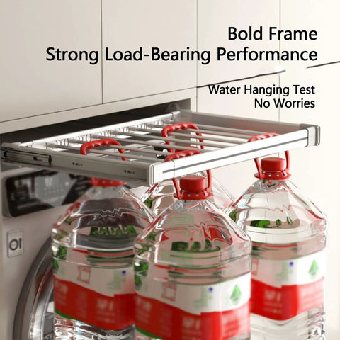 Adjustable Pull Out Trouser Rack For Wardrobe Hidden Clothes Drying Rack Above Washing Machine with water bottles hanging