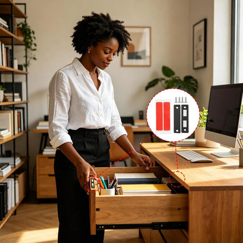 Woman using Hidden Slim Cabinet Latch with Ultra Thin Stainless Steel Hardware on desk drawer