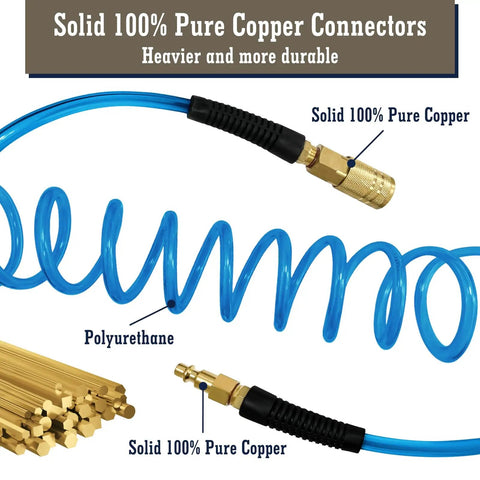 Coiled One Quarter Inch Polyurethane Air Hose With Bend Restrictor For Air Compressor Twenty Five Feet Long Includes One Quarter Inch Copper Quick Connect Fittings And I M Plug Kit Built Tough Blue PU Hose showing copper connectors and coils