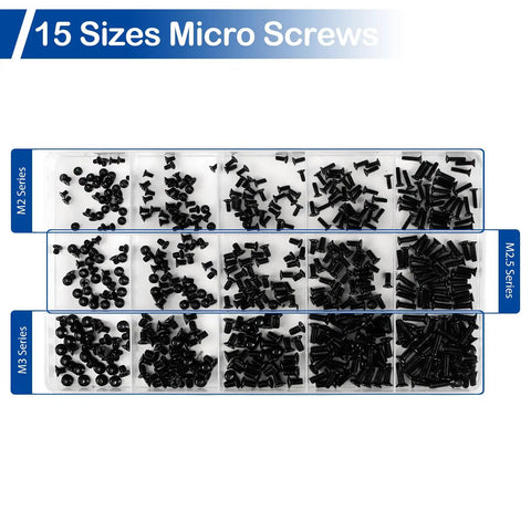 Top Shelf 525 Piece M2 M2.5 M3 Countersunk Flat Head Phillips Screw Assortment Pack Carbon Steel Hardware Tools For Laptop Computers And Motherboard Repair in a clear organizer.