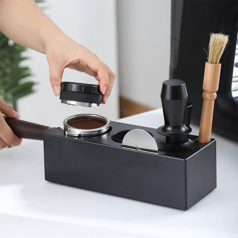 Top Notch Espresso Tamper Base With Distribution Tool For 51mm 53mm And 58mm Portafilters Barista Station Kit on white surface.