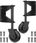 4 Inch Gate Wheels With Spring Loaded Caster And 360 Degree Universal Mount Plate For Wooden Fence And Metal Gates Heavy Duty 220 Lb Capacity Black Absorbs Vibration And Handles Uneven Surfaces Across Concrete Dirt And Grass, with mounting screws.