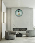 Hand Blown Glass Pendant Light In Fir Green Seeded Bubbles, Cool Modern Farmhouse Globe Ceiling Fixture in living room