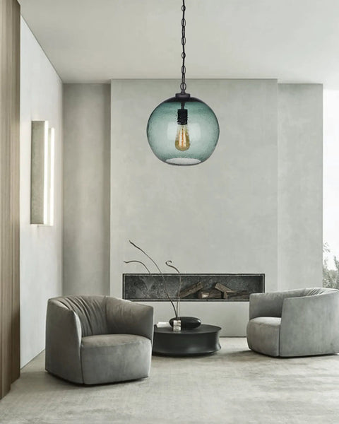 Hand Blown Glass Pendant Light In Fir Green Seeded Bubbles, Cool Modern Farmhouse Globe Ceiling Fixture in living room
