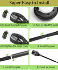 Assembly steps for Solar Flickering Flame Outdoor Torch Lights For Garden Decor Waterproof 12 LED Torches, showing installation.