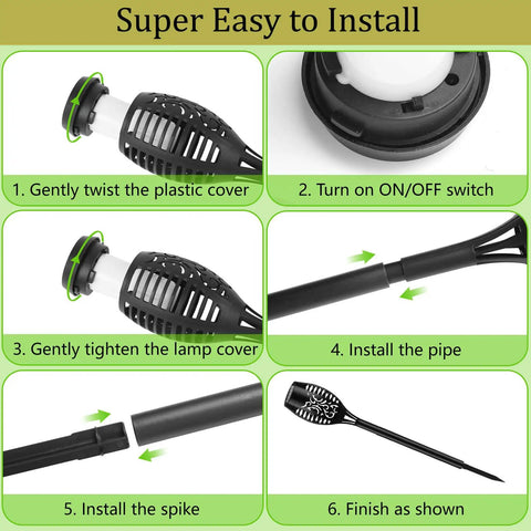 Assembly steps for Solar Flickering Flame Outdoor Torch Lights For Garden Decor Waterproof 12 LED Torches, showing installation.